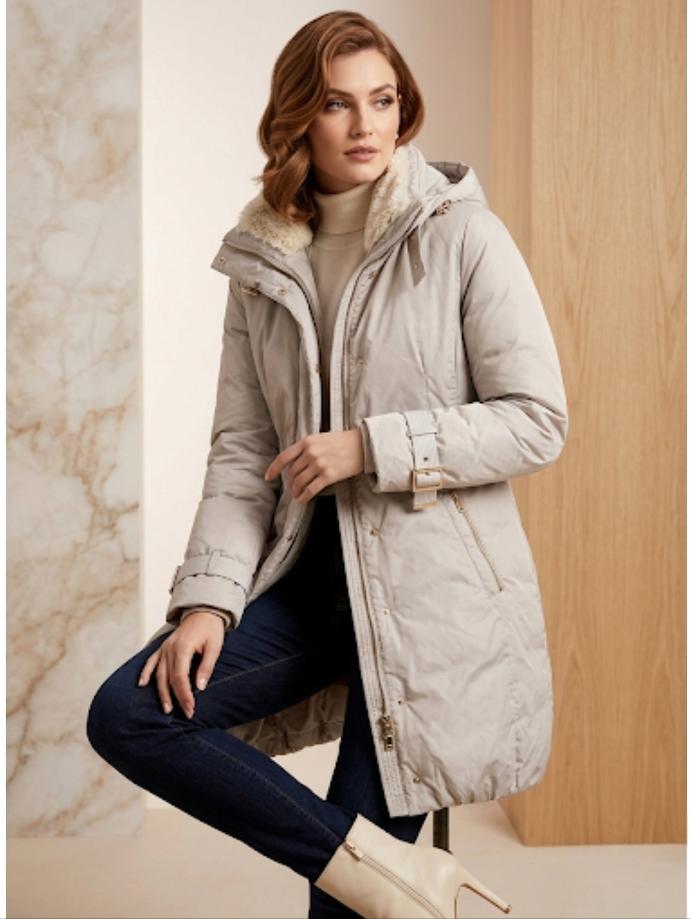 ZARA Down Hooded Puffer Parka Coat Faux Fur Gold Hardware Winter Jacket Small